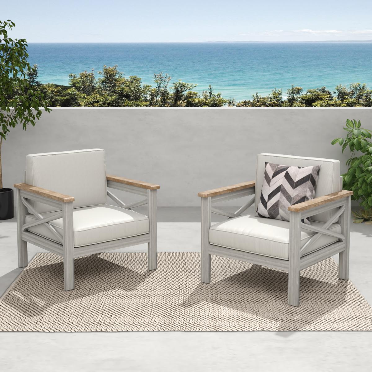 Set of 2, Acacia Wood Outdoor Lounge Chair