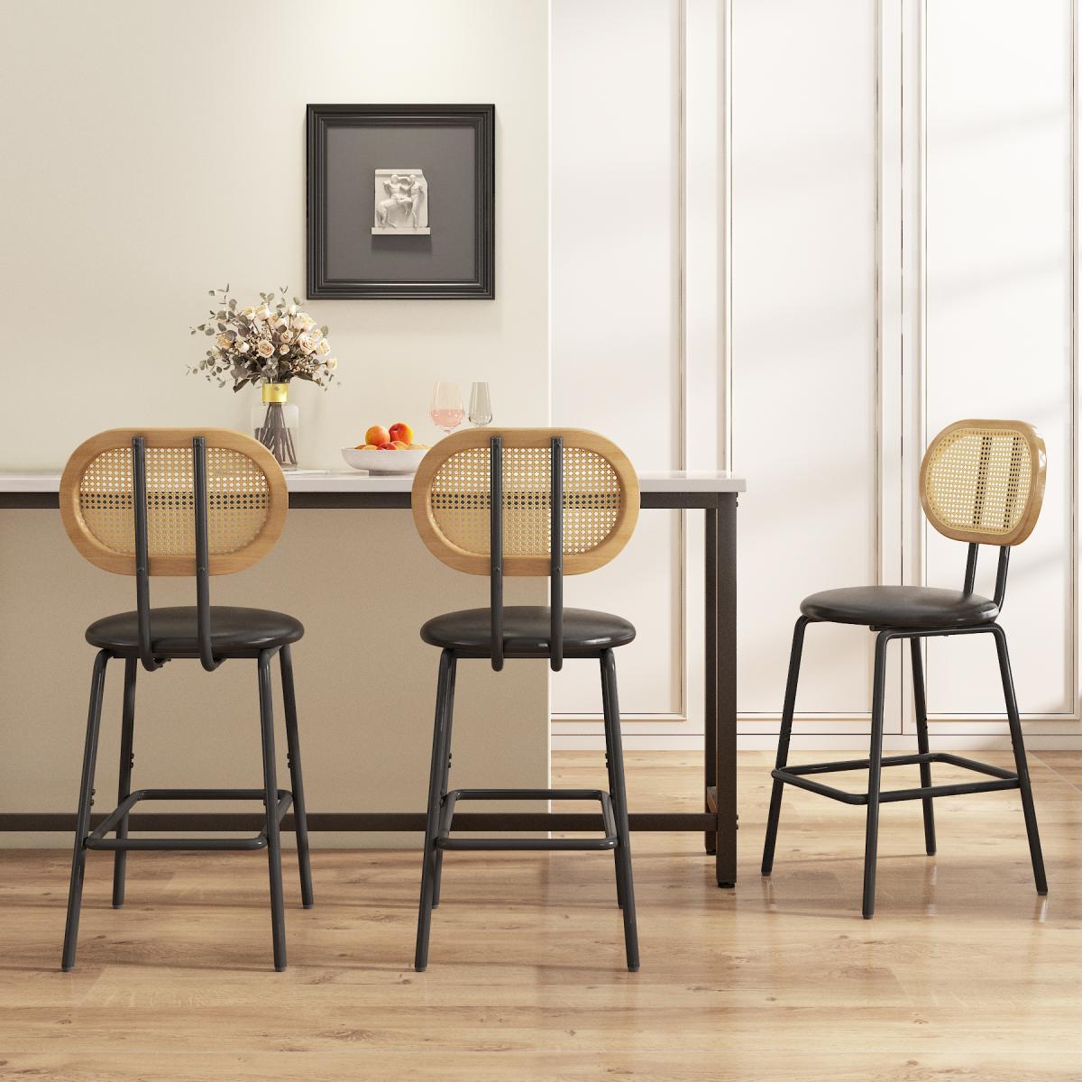 Rattan Bar Stool, Indoor Leather Bar Stools Set of 2, Counter Height Bar Stools with Metal Leg & Rattan Backrest, Armless Dining Room Chairs for Kitchens Island