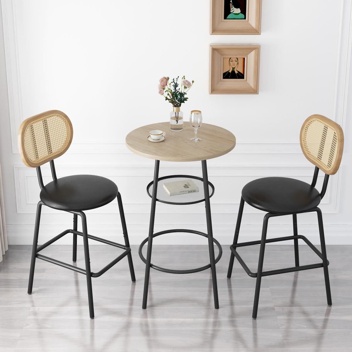 Rattan Bar Stool, Indoor Leather Bar Stools Set of 2, Counter Height Bar Stools with Metal Leg & Rattan Backrest, Armless Dining Room Chairs for Kitchens Island