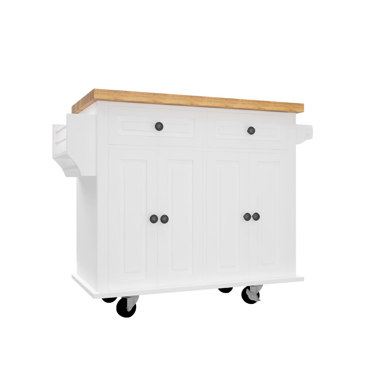 Kitchen Island Cart with Two Storage Cabinets and Two Locking Wheels,43.31 Inch Width,4 Door Cabinet and Two Drawers,Spice Rack, Towel Rack(White)