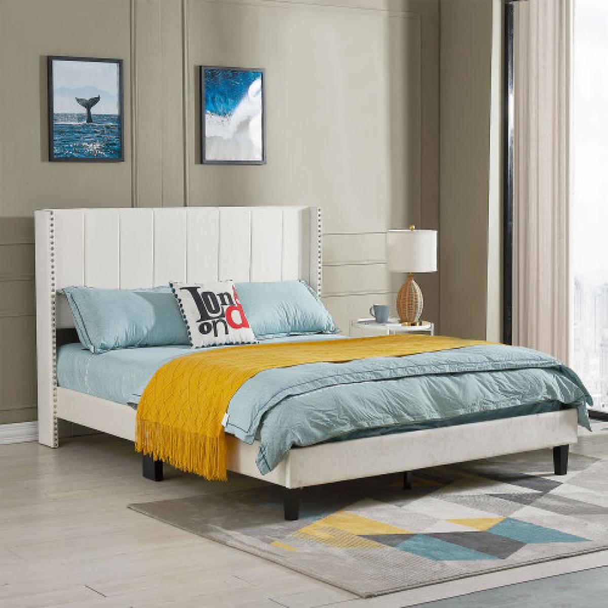 Queen Bed Frame/Velvet Upholstered Bed Frame with Vertical Channel Tufted Headboard Beige