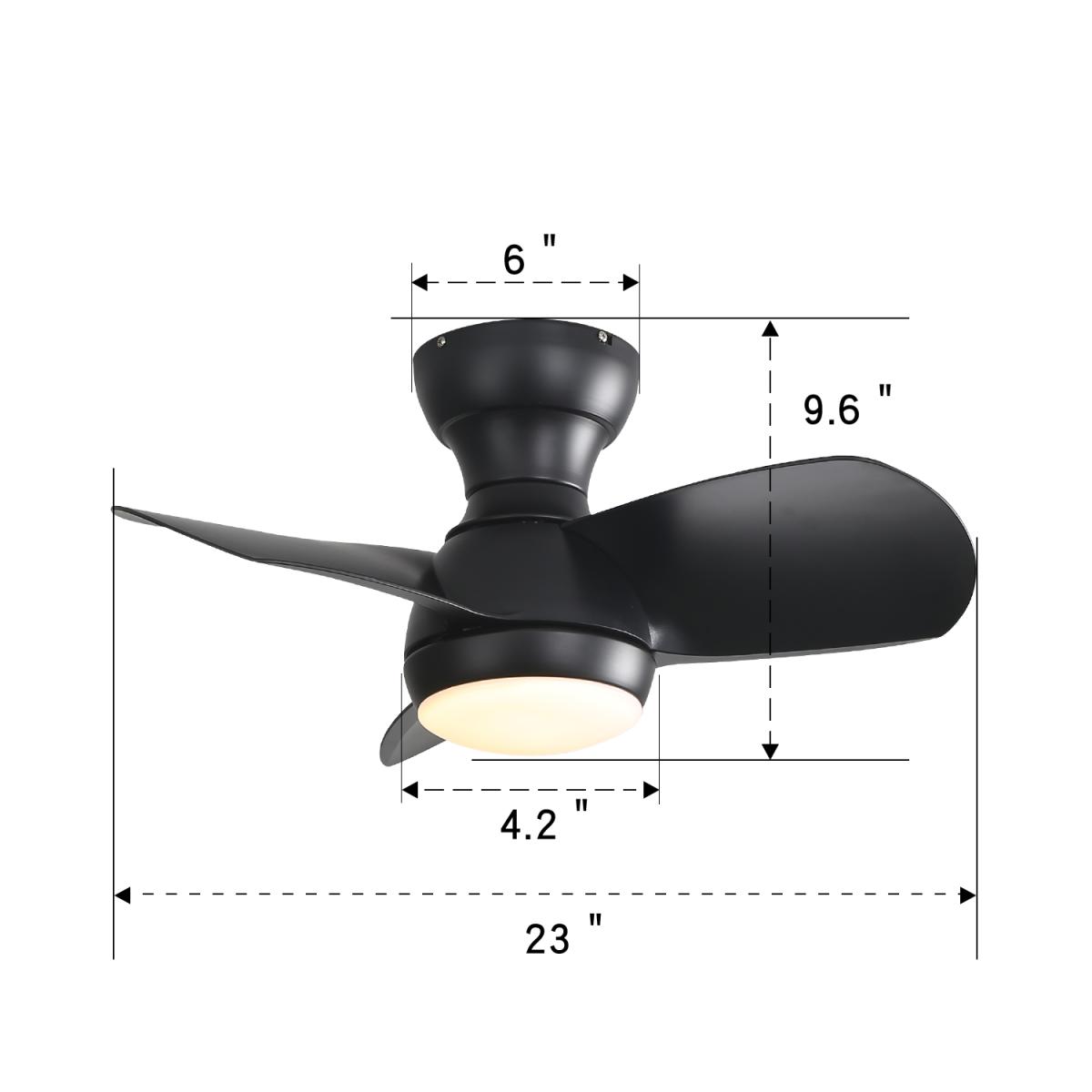 23 Inch Bedroom Ceiling Fan With 3 Color Dimmable 3 Abs Blades Remote Control Dc Motor Black With 18w Led Light