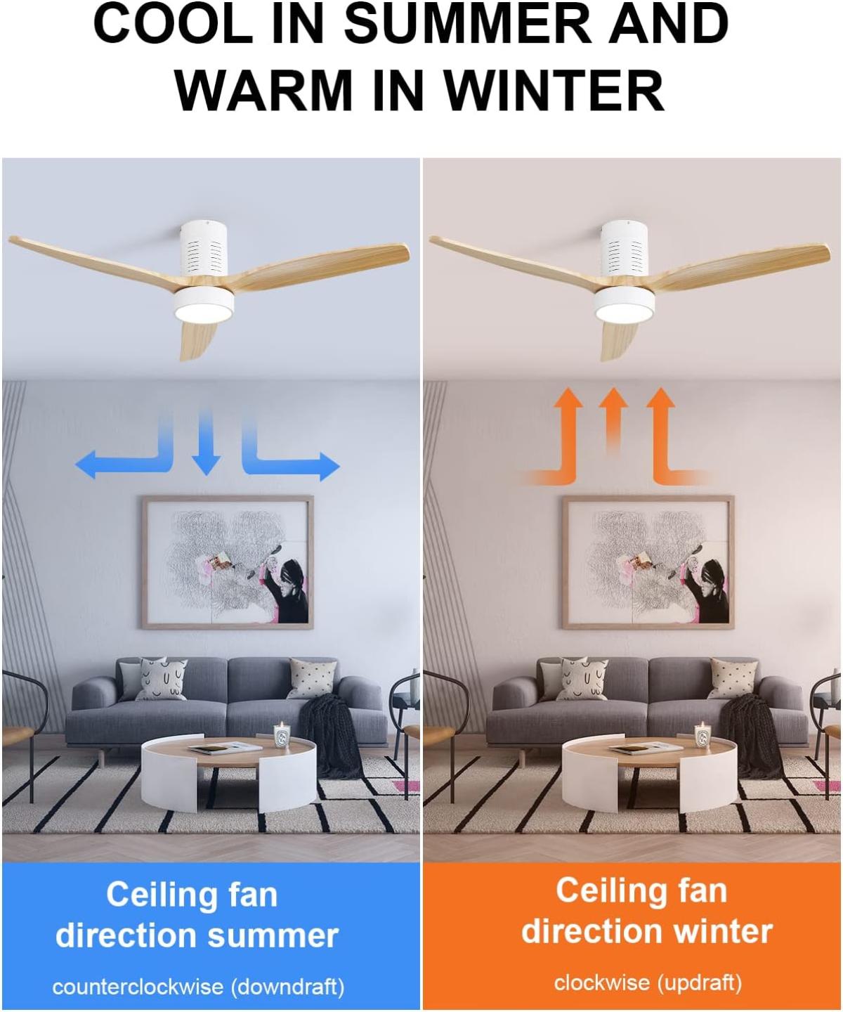52 Inch Indoor Flush Mount Ceiling Fan With 3 Solid Wood Blades Remote Control Reversible Dc Motor With Led Light