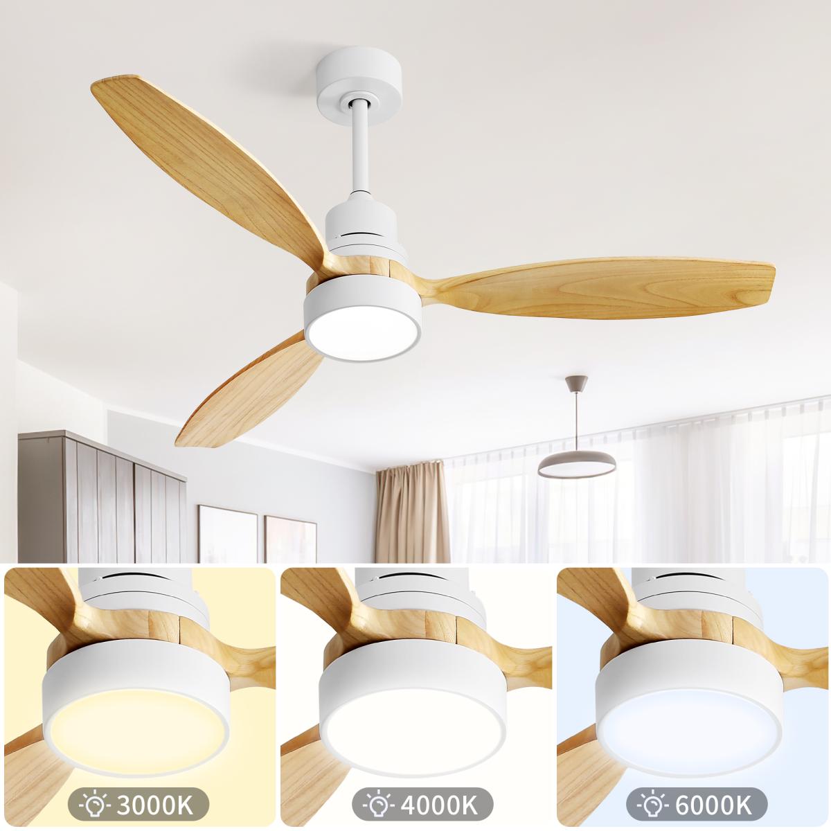 52 Inch Indoor Modern Ceiling Fan White 3 Solid Wood Blades Remote Control Reversible Dc Motor With Led Light