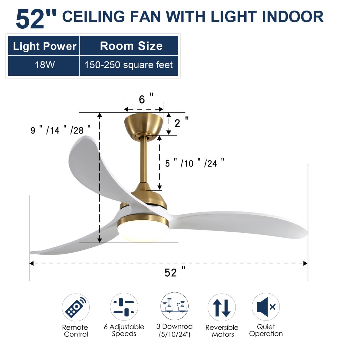 52 Inch Indoor Ceiling Fan With Dimmable Led Light 3 Solid Wood Blades Remote Control Reversible Dc Motor For Living Room