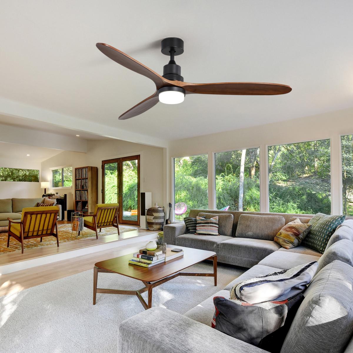 60 Inch Ceiling Fan With Lights 3 Solid Wood Fan Blade Noiseless Reversible Motor Remote Control