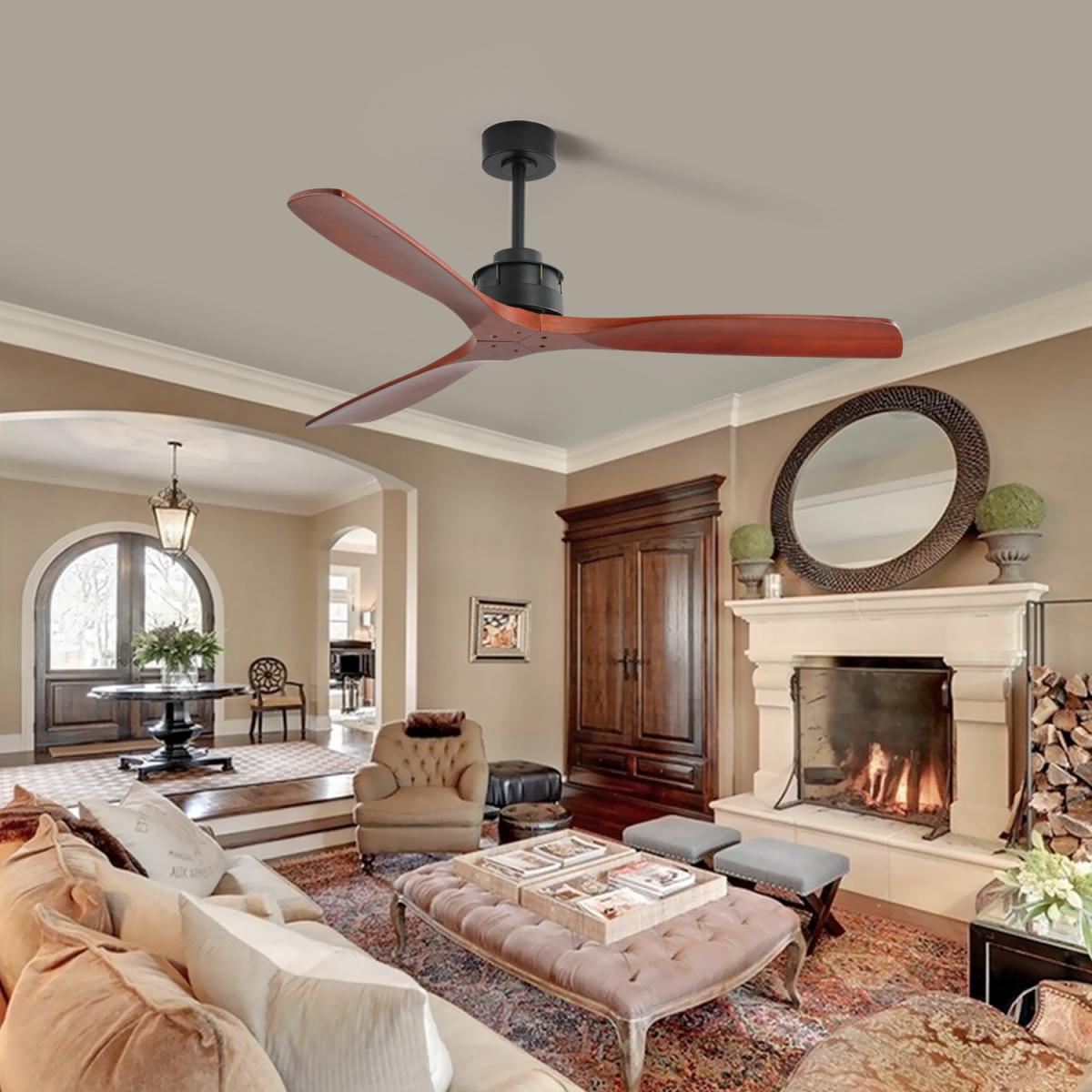 60 Inch Elegant Ceiling Fan with Remote Control,3 Mahogany Solid Wood Blades, Suitable for Indoor and Outdoor