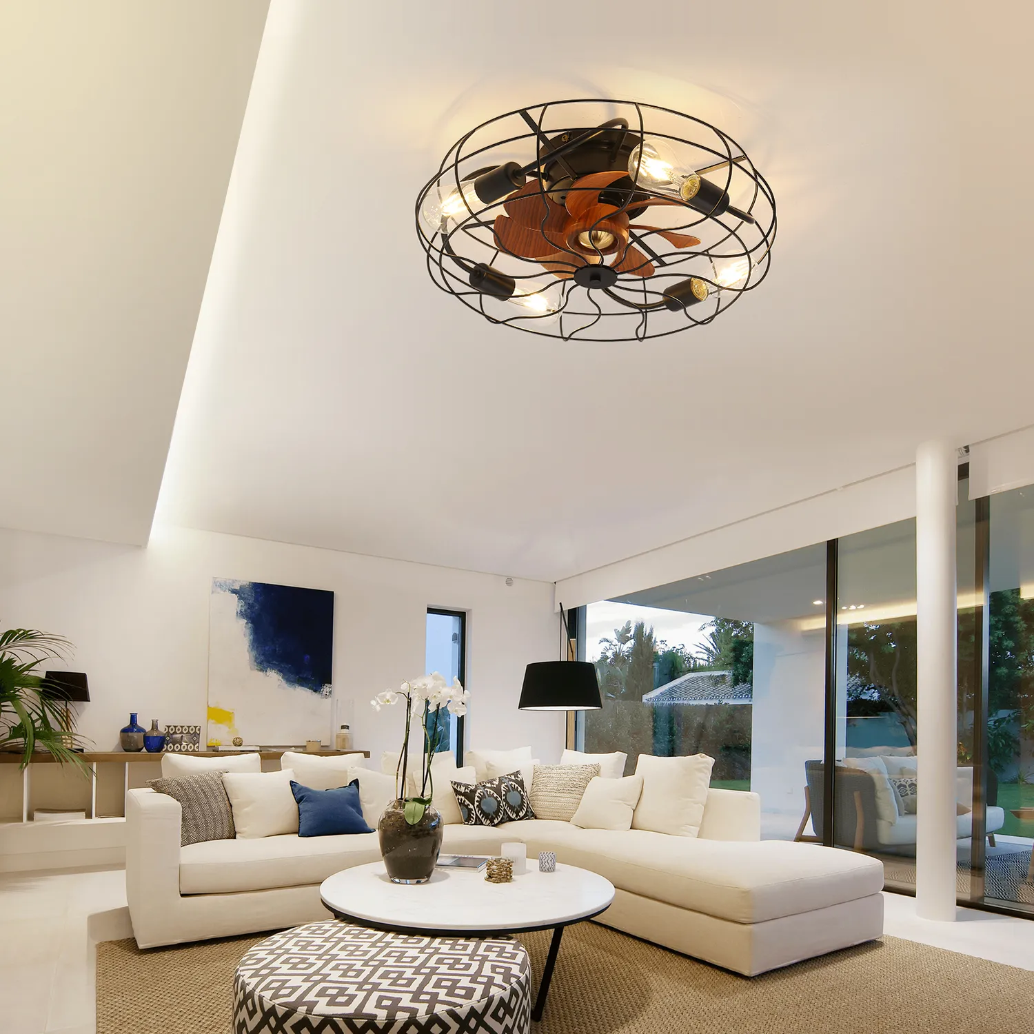Indoor Low Profile 20 Inch Industrial 7 Blades Remote Control Led Bulb Ceiling Fan with Light