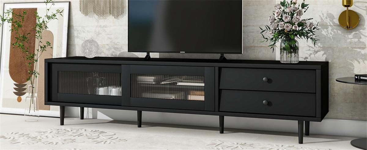 ON-TREND Chic Elegant Design Tv Stand with Sliding Fluted Glass Doors, Slanted Drawers Media Console for TVs Up to 75