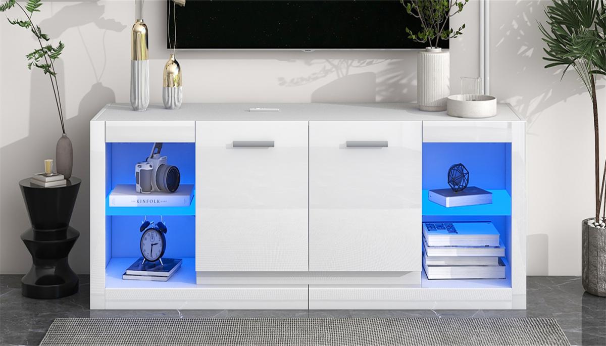 ON-TREND Modern Tv Stand with 2 Tempered Glass Shelves, High Gloss Entertainment Center for TVs Up to 70'', Elegant Tv Cabinet with Led Color Changing Lights for Living Room, White