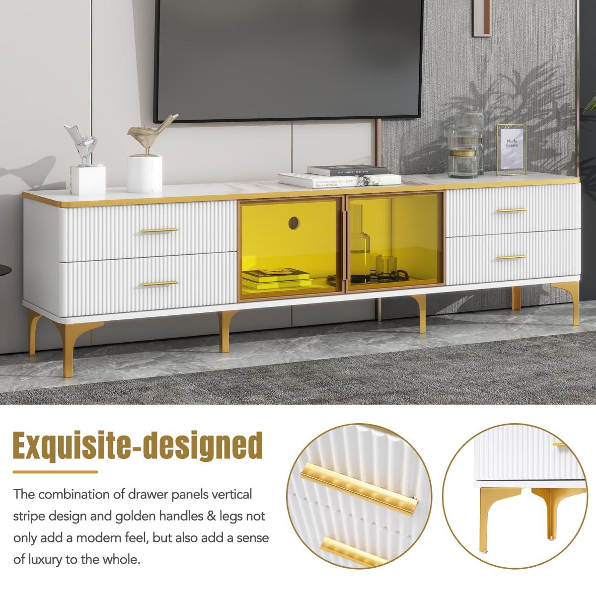 ON-TREND Stylish Led Tv Stand with Marble-veined Table Top for TVs Up to 78'', Entertainment Center with Brown Glass Storage Cabinet, Golden Legs & Handles for Living Room, White
