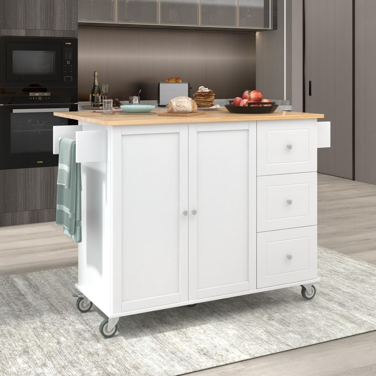 Rolling Mobile Kitchen Island with Solid Wood Top and Locking Wheels,52.7 Inch Width,Storage Cabinet and Drop Leaf Breakfast Bar,Spice Rack, Towel Rack & Drawer (White)