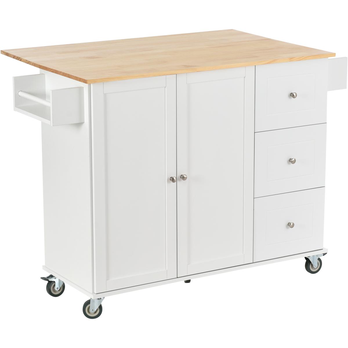 Rolling Mobile Kitchen Island with Solid Wood Top and Locking Wheels,52.7 Inch Width,Storage Cabinet and Drop Leaf Breakfast Bar,Spice Rack, Towel Rack & Drawer (White)