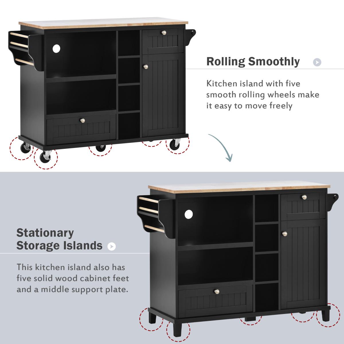 Kitchen Island Cart with Storage Cabinet and Two Locking Wheels,Solid wood desktop,Microwave cabinet,Floor Standing Buffet Server Sideboard for Kitchen Room,Dining Room, Bathroom(Black)