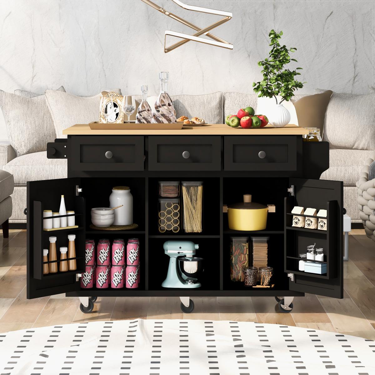 Kitchen Cart with Rubber wood Drop-Leaf Countertop ,Cabinet door internal storage racks,Kitchen Island on 5 Wheels with Storage Cabinet and 3 Drawers for Dinning Room, Black