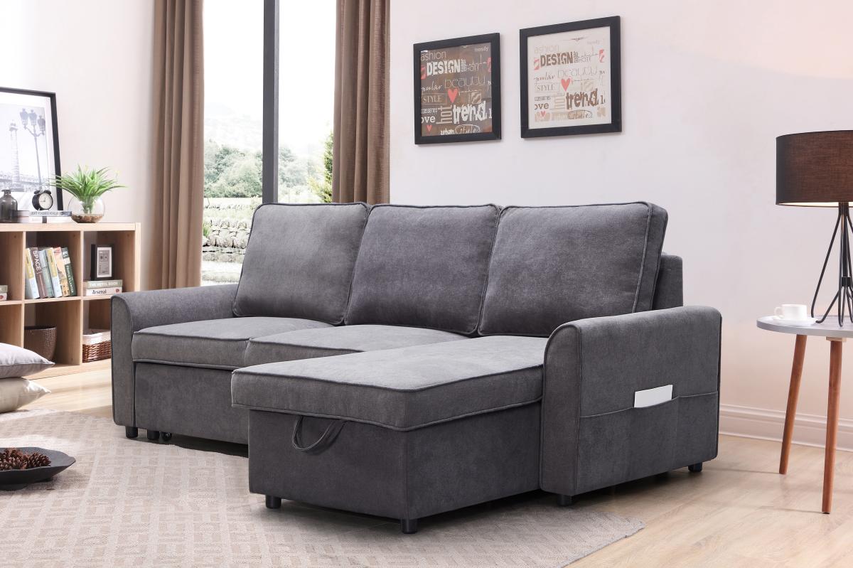 MGEA Modern modular L-shaped sofa bed with chaise longue, reversible sofa bed with pull-out bed and storage, 4-seat linen fabric convertible sofa for living room dark grey