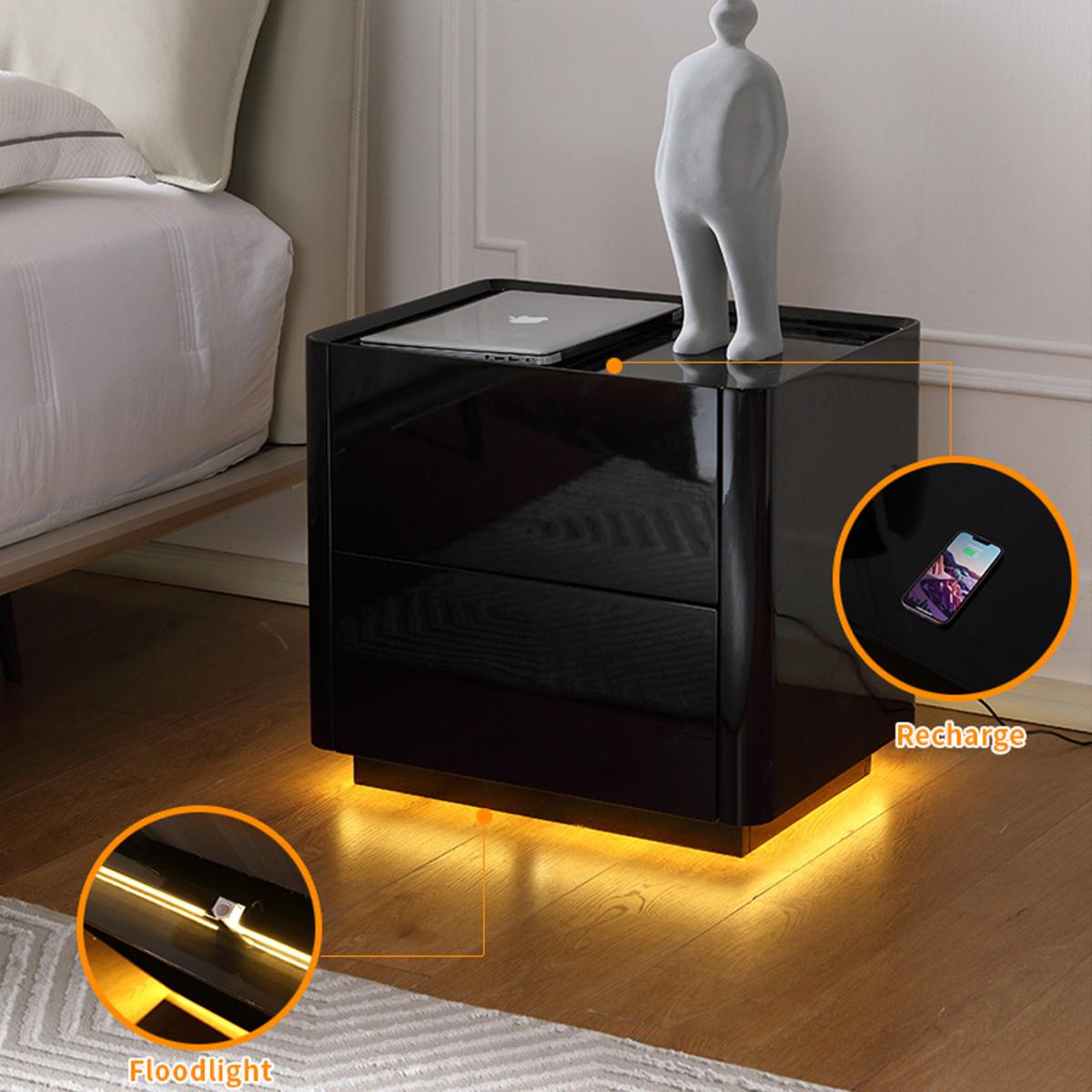 Glossy Lacquered Black Wood Nightstand with Warm Yellow Tone Sensor Lighting Strip