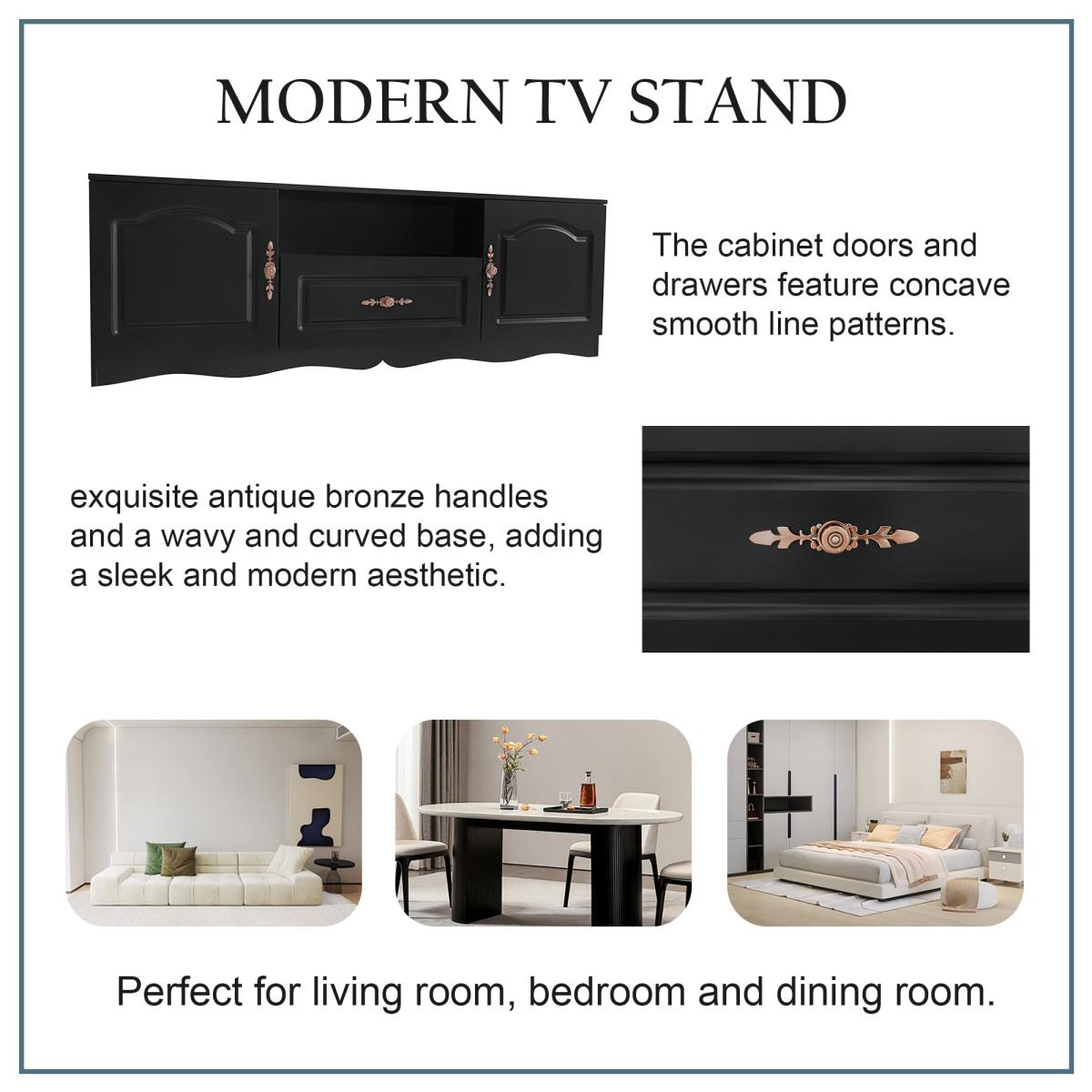 U-Can Modern Tv Stand for 60+ Inch Tv, with 1 Shelf, 1 Drawer and 2 Cabinets, Tv Console Cabinet Furniture for Living Room