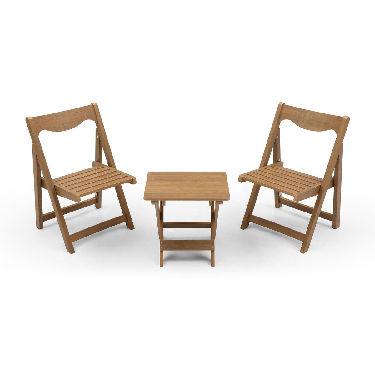 HIPS Material Outdoor Bistro Set Foldable Small Table and Chair Set with 2 Chairs and Rectangular Table, Teak