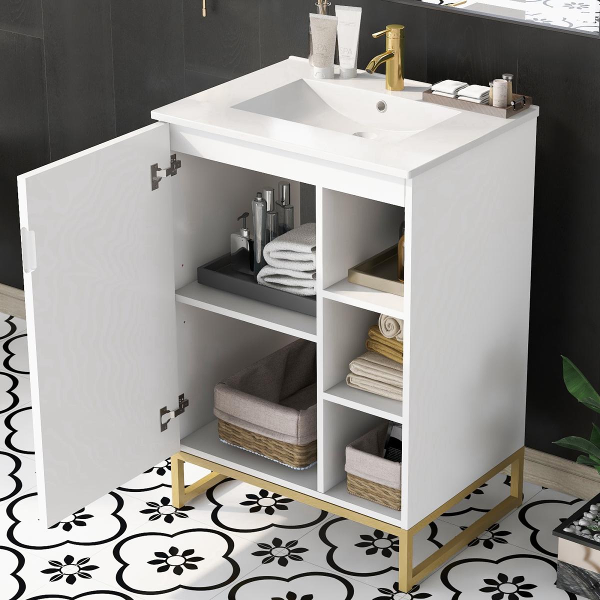 24inch White Bathroom Vanity Sink Combo for Small Space, Modern Design with Ceramic Basin, Gold Legs and Semi-open Storage(Faucet Not Included)
