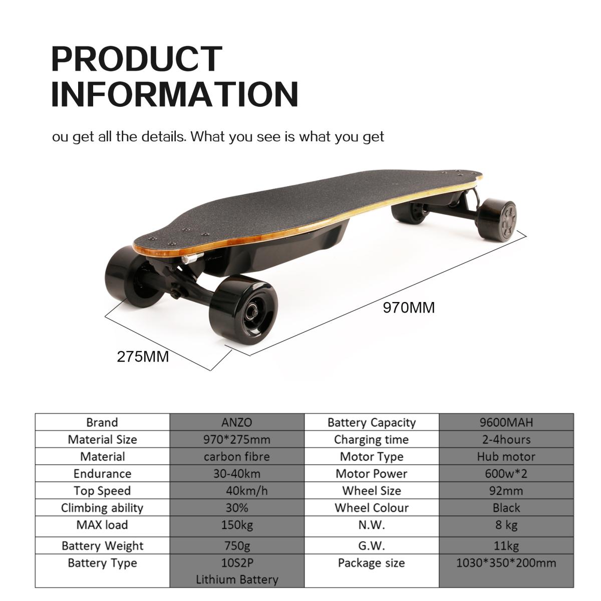 600W*2 dual hub motors electric longboard 36v 9600mah battery electronic electric skateboard