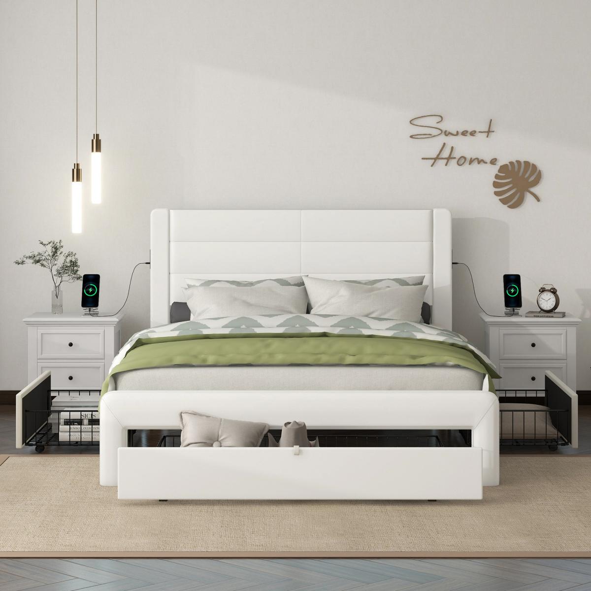 Queen Size Bed Frame with Drawers Storage, Leather Upholstered Platform Bed with Charging Station, White (Expect arrive date Jan. 12th. 2024)