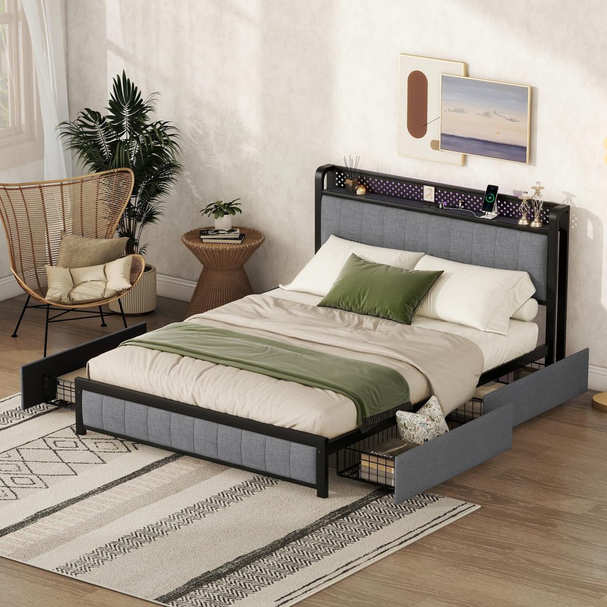 Queen Bed Frame with Led Headboard, Upholstered Bed with 4 Storage Drawers and Usb Ports, Light Grey