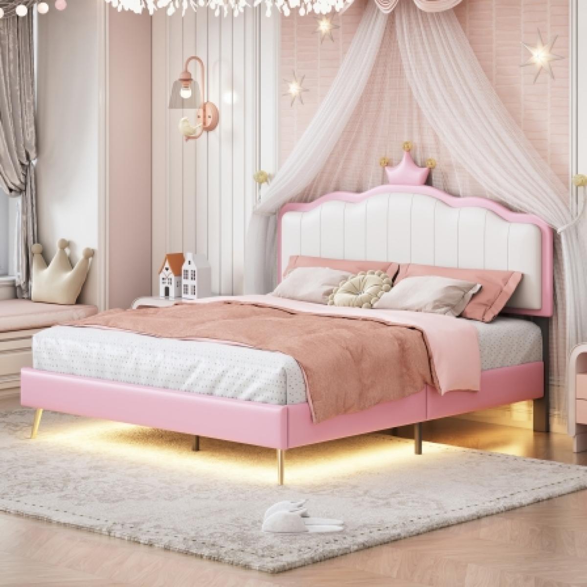 Full size Upholstered Princess Bed With Crown Headboard,Full Size Platform Bed with Headboard and Footboard with Light Strips,Golden Metal Legs, White+Pink
