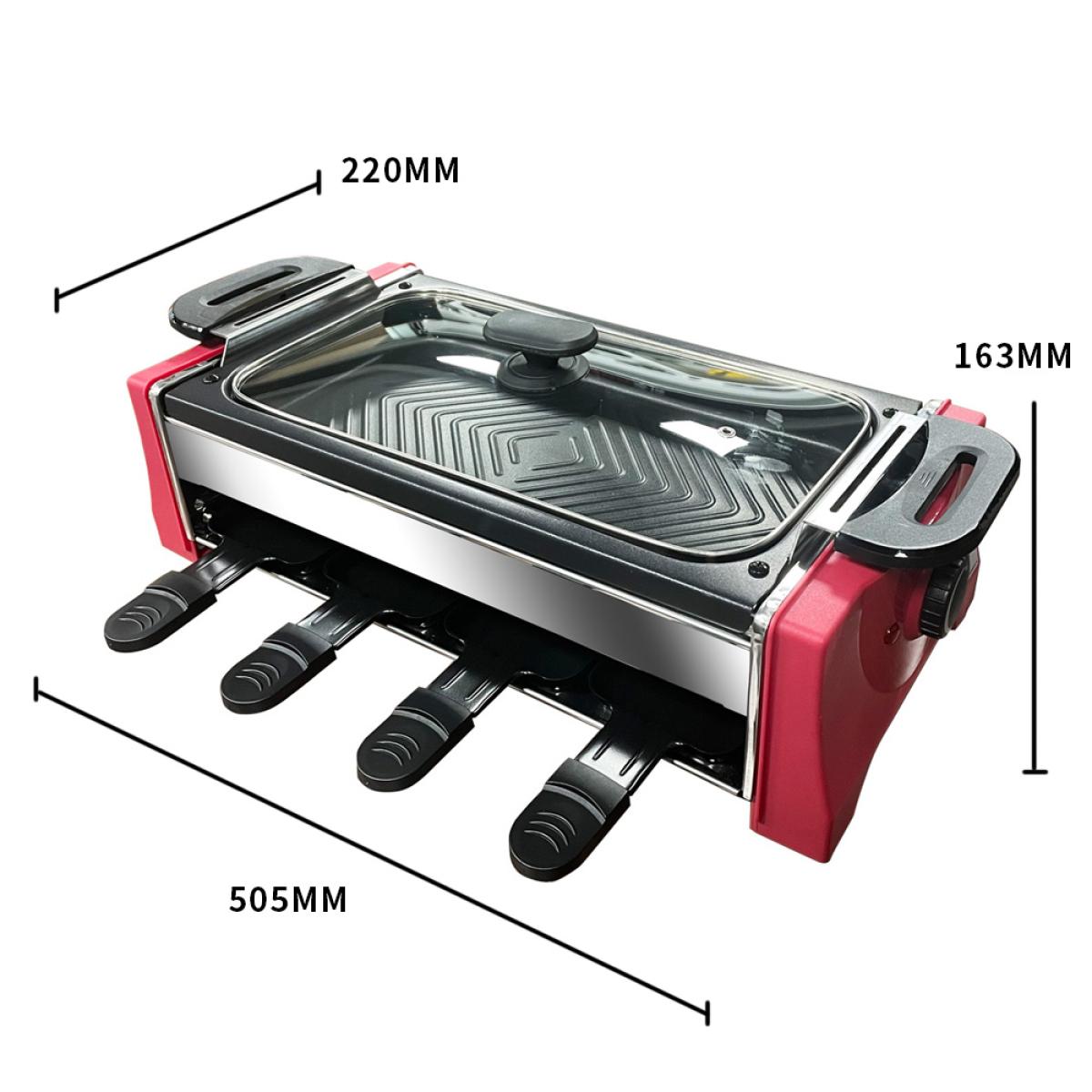 Raclette Grill 8-person baking tray with lid non stick coating, deeper baking tray with 8 mini baking trays Raclette, stepless temperature control, 1300w