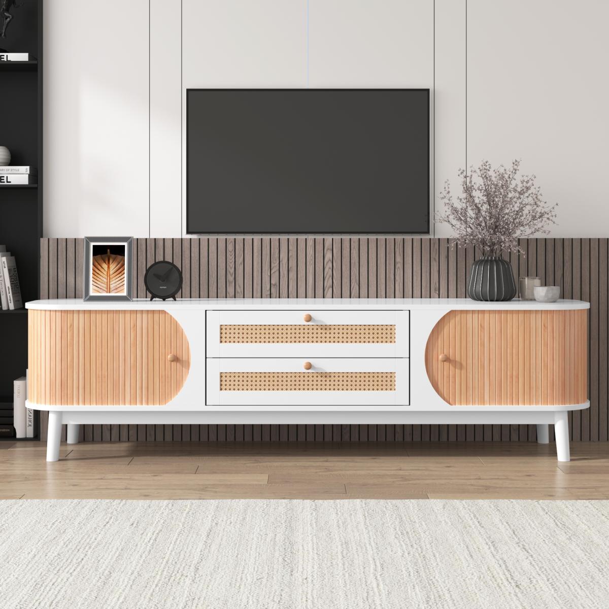 Rattan Tv Stand for TVs up to 75'', Modern Farmhouse Media Console, Entertainment Center with Solid Wood Legs, Tv Cabinet for Living Room,Home Theatre