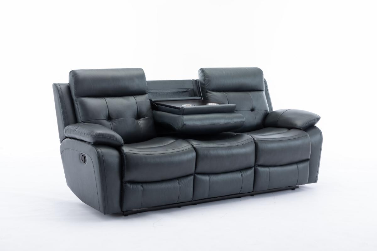 Genuine Leather Non-Power Reclining Sofa with Drop Down Table,Stainless Steel Cupholders and Magazine bag- Blue