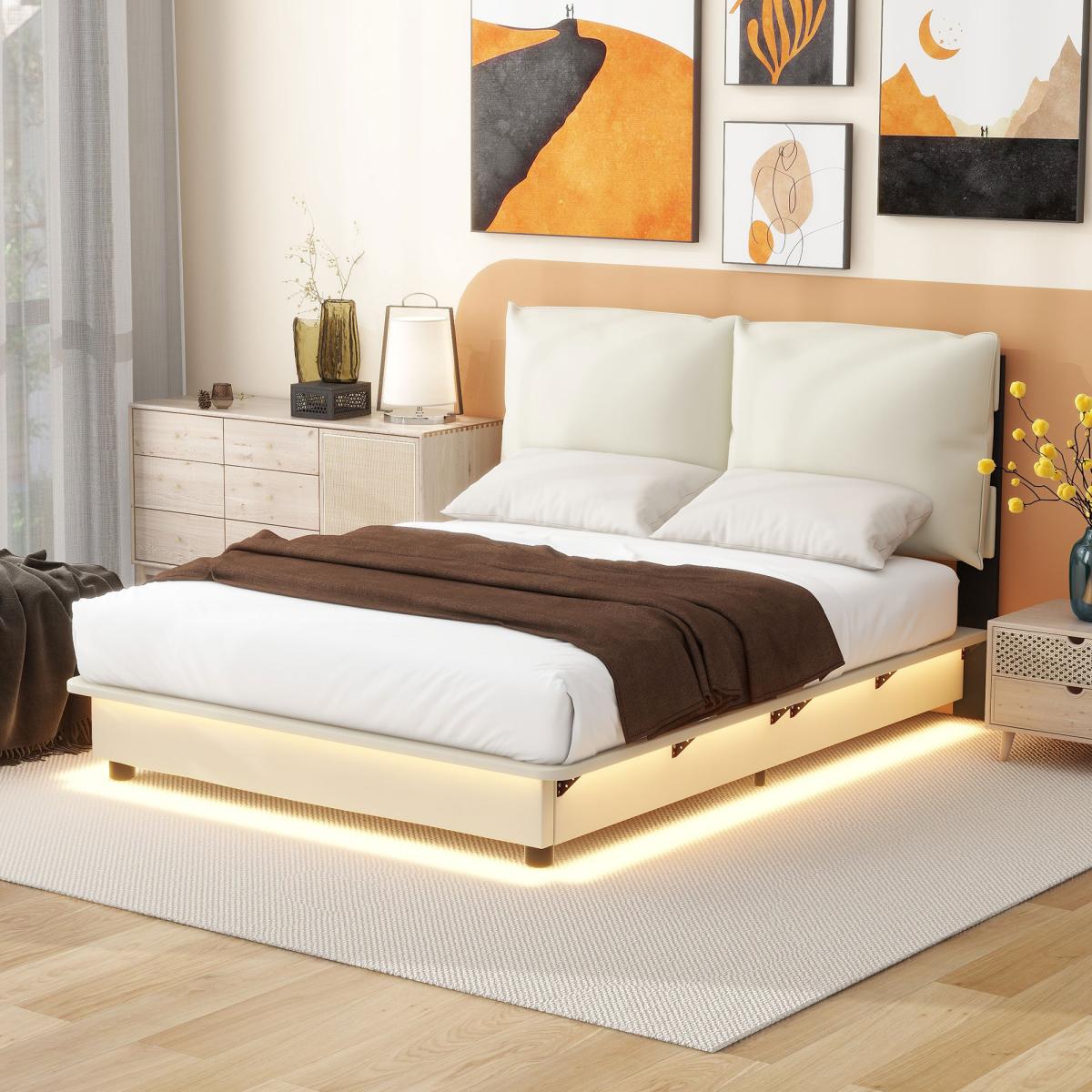 Full Size Upholstered Platform Bed with Sensor Light and Ergonomic Design Backrests, White