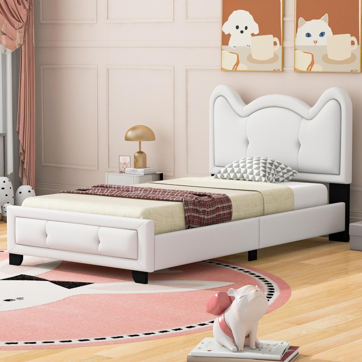 Twin Size Upholstered Platform Bed with Carton Ears Shaped Headboard, White