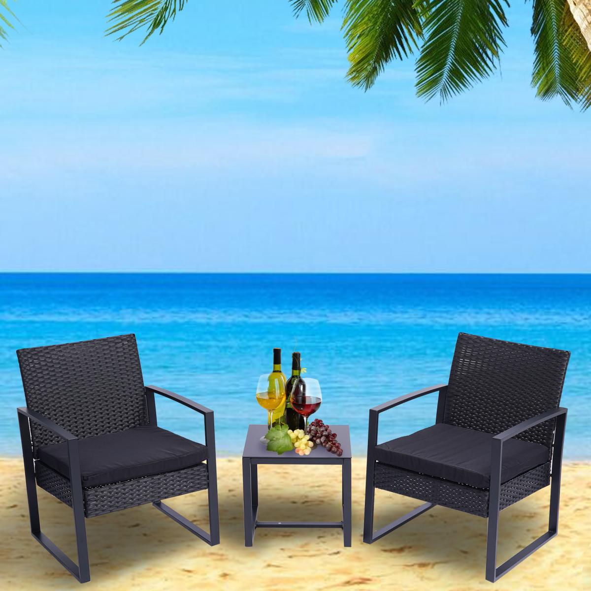 3 Pieces Patio Set Outdoor Wicker Patio Furniture Sets Modern Set Rattan Chair Conversation Sets with Coffee Table for Yard and Bistro (Black)