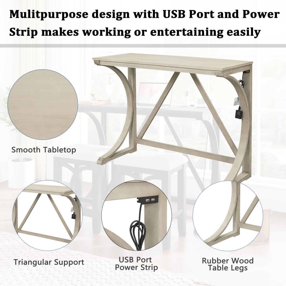 TOPMAX Farmhouse 3-Piece Counter Height Dining Table Set with Usb Port and Upholstered Stools,Cream