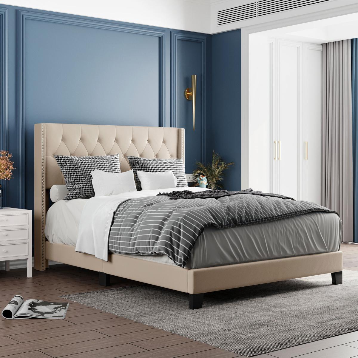 Upholstered Platform Bed with Classic Headboard, Box Spring Needed, Beige Linen Fabric, Queen Size