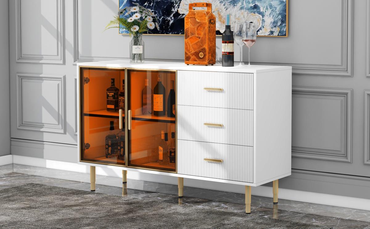 TREXM Modern Sideboard Mdf Buffet Cabinet Marble Sticker Tabletop and Amber-yellow Tempered Glass Doors with Gold Metal Legs & Handles (White)