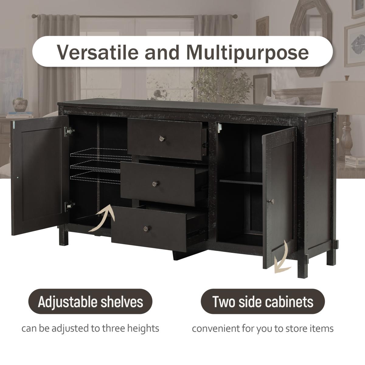 TREXM Retro Solid Wood Buffet Cabinet with 2 Storage Cabinets, Adjustable Shelves and 3 Drawers for Living Room (Espresso)
