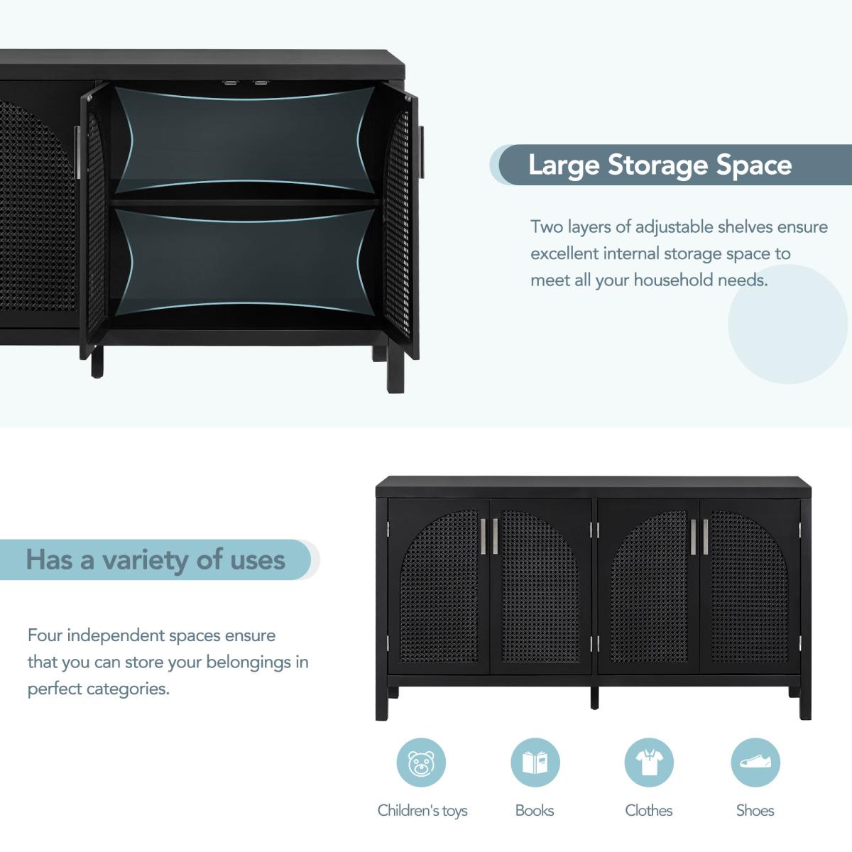 TREXM Large Storage Space Sideboard with Artificial Rattan Door and Metal Handles for Living Room and Entryway (Black)