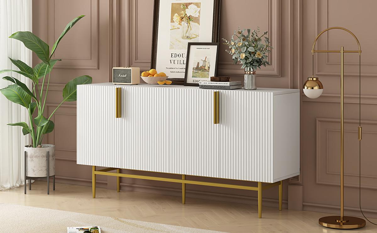 TREXM Modern Elegant 4-door Sideboard Gold Metal Handle Buffet Cabinet for Dining Room, Living Room, Bedroom, Hallway (White)