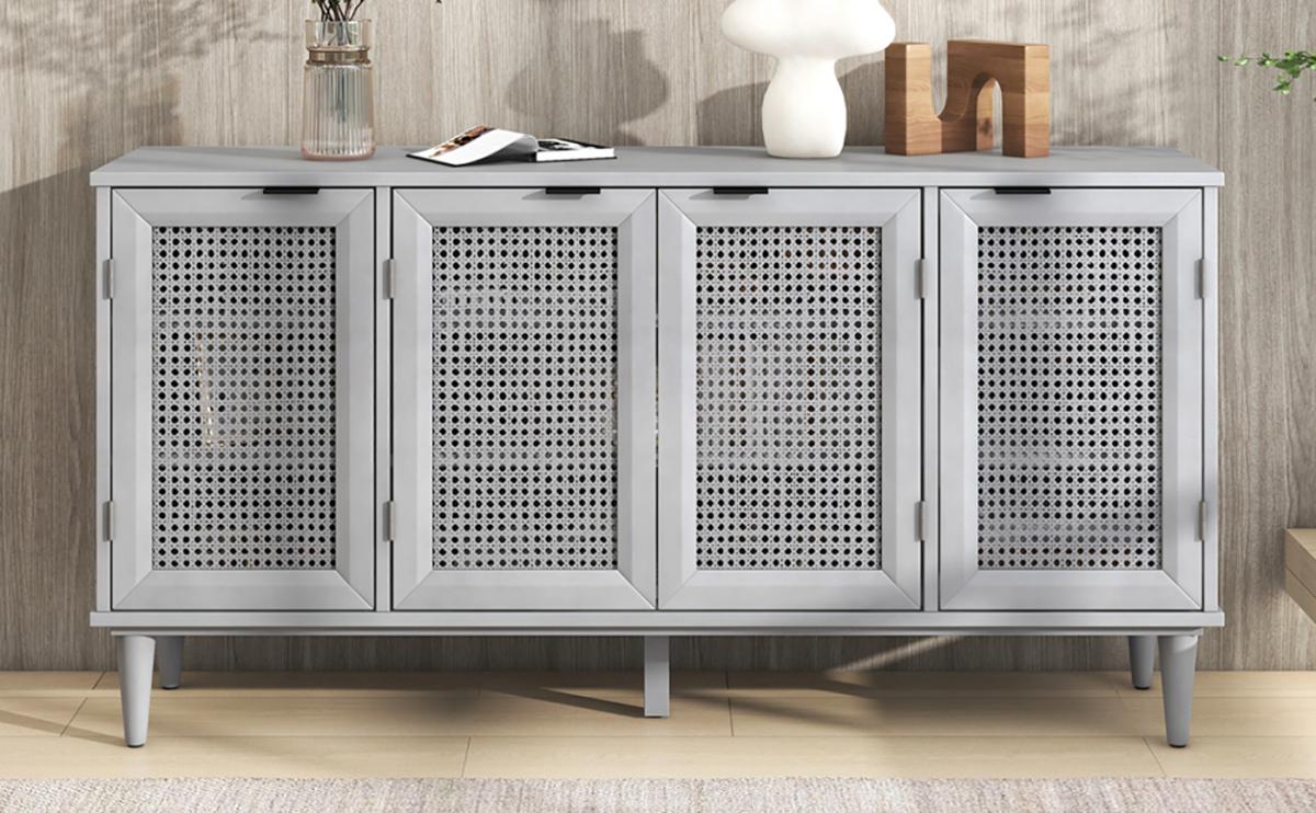 TREXM Large Storage Space Sideboard with Artificial Rattan Door and Unobtrusive Doorknob for Living Room and Entryway (Gray)