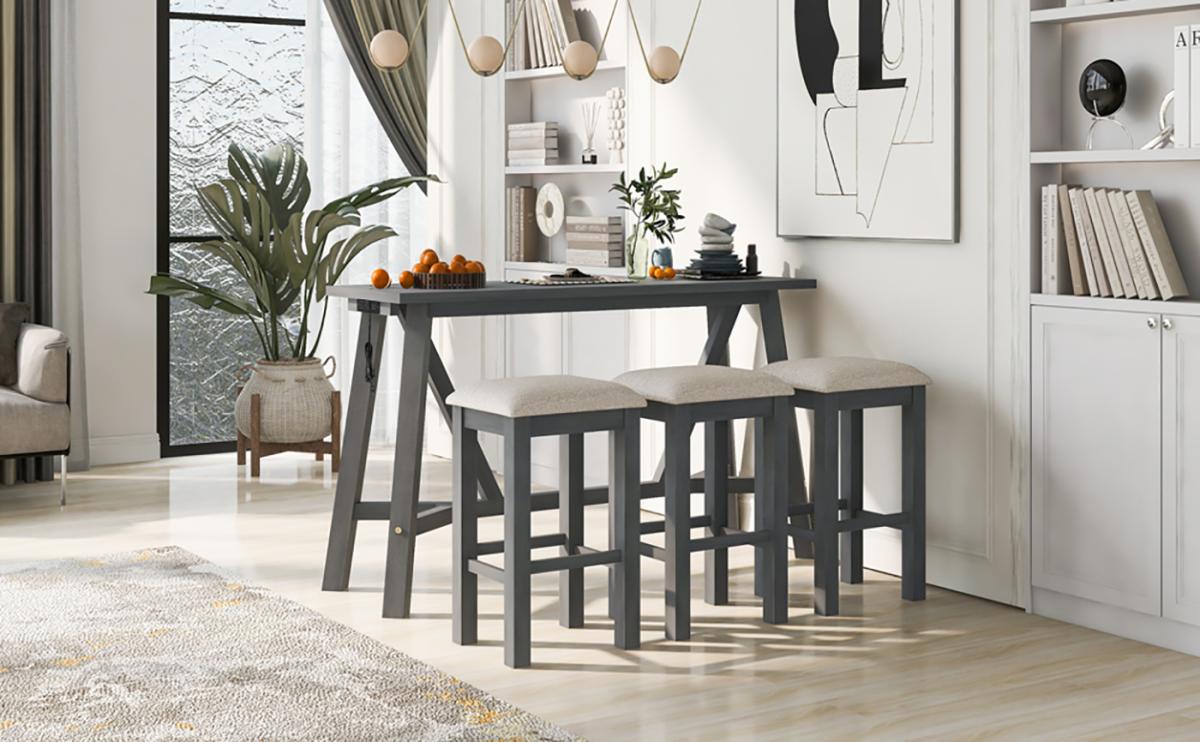 TREXM Multipurpose Home Kitchen Dining Bar Table Set with 3 Upholstered Stools(Gray)