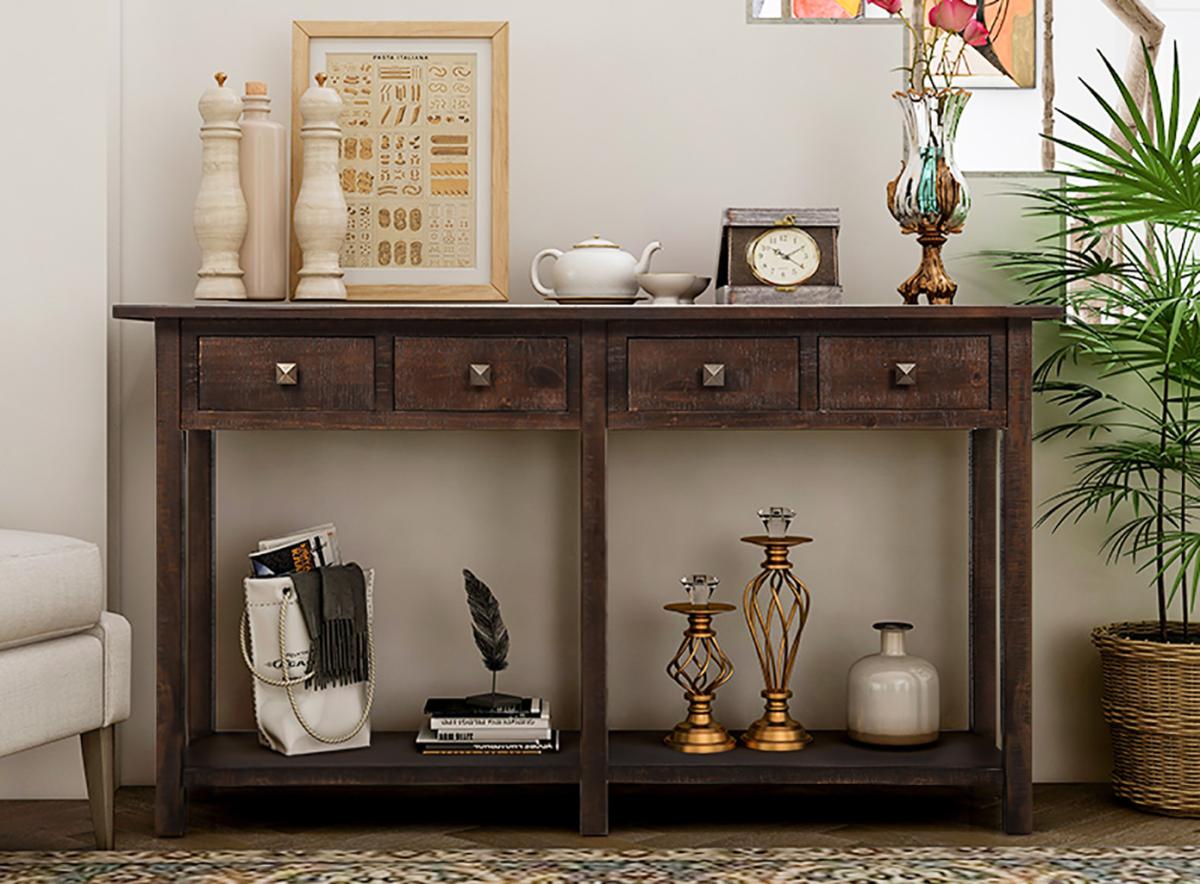 TREXM Rustic Brushed Texture Entryway Table Console Table with Drawer and Bottom Shelf for Living Room (Espresso)