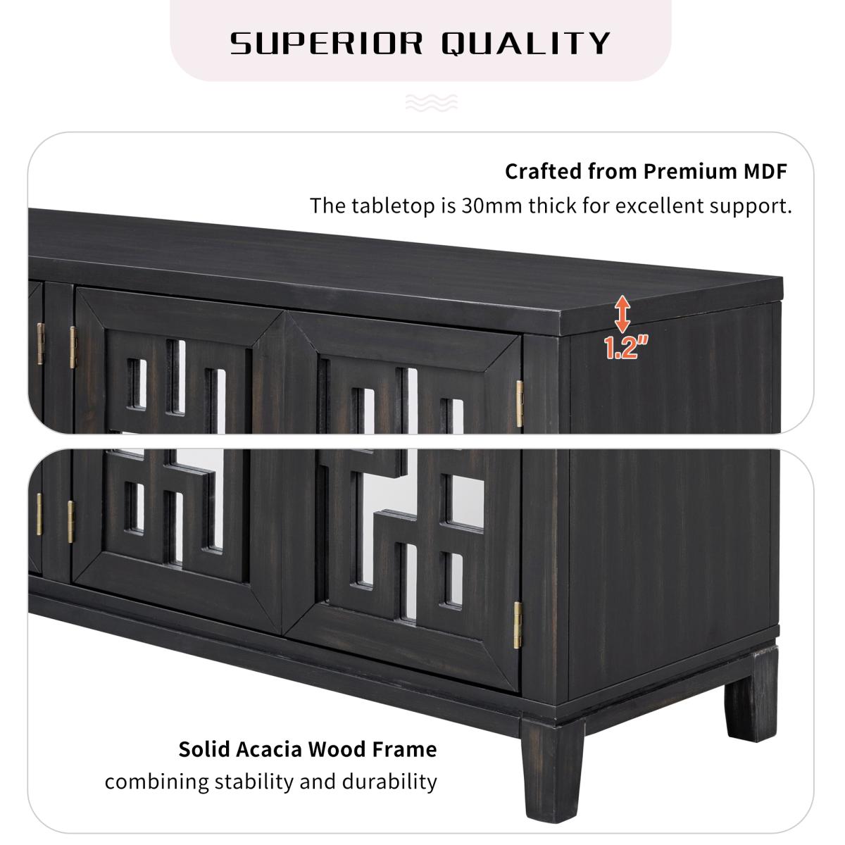 TREXM Retro 4-Door Mirrored Buffet Sideboard with Metal Pulls for Dining Room, Living Room and Hallway (Espresso)