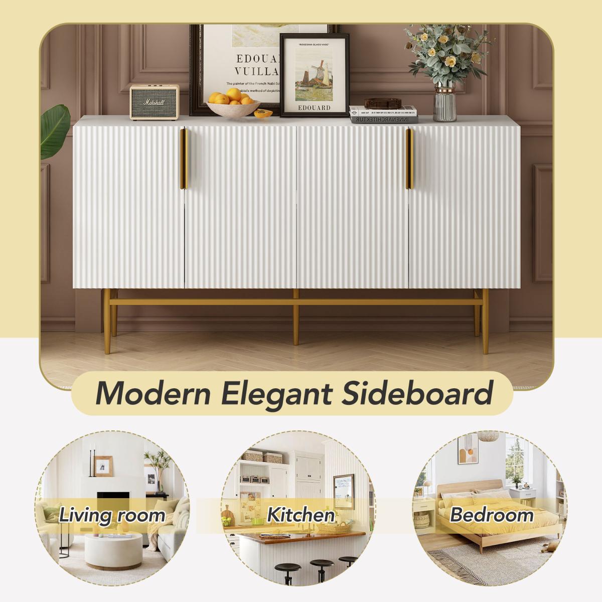 TREXM Modern Elegant 4-door Sideboard Gold Metal Handle Buffet Cabinet for Dining Room, Living Room, Bedroom, Hallway (White)