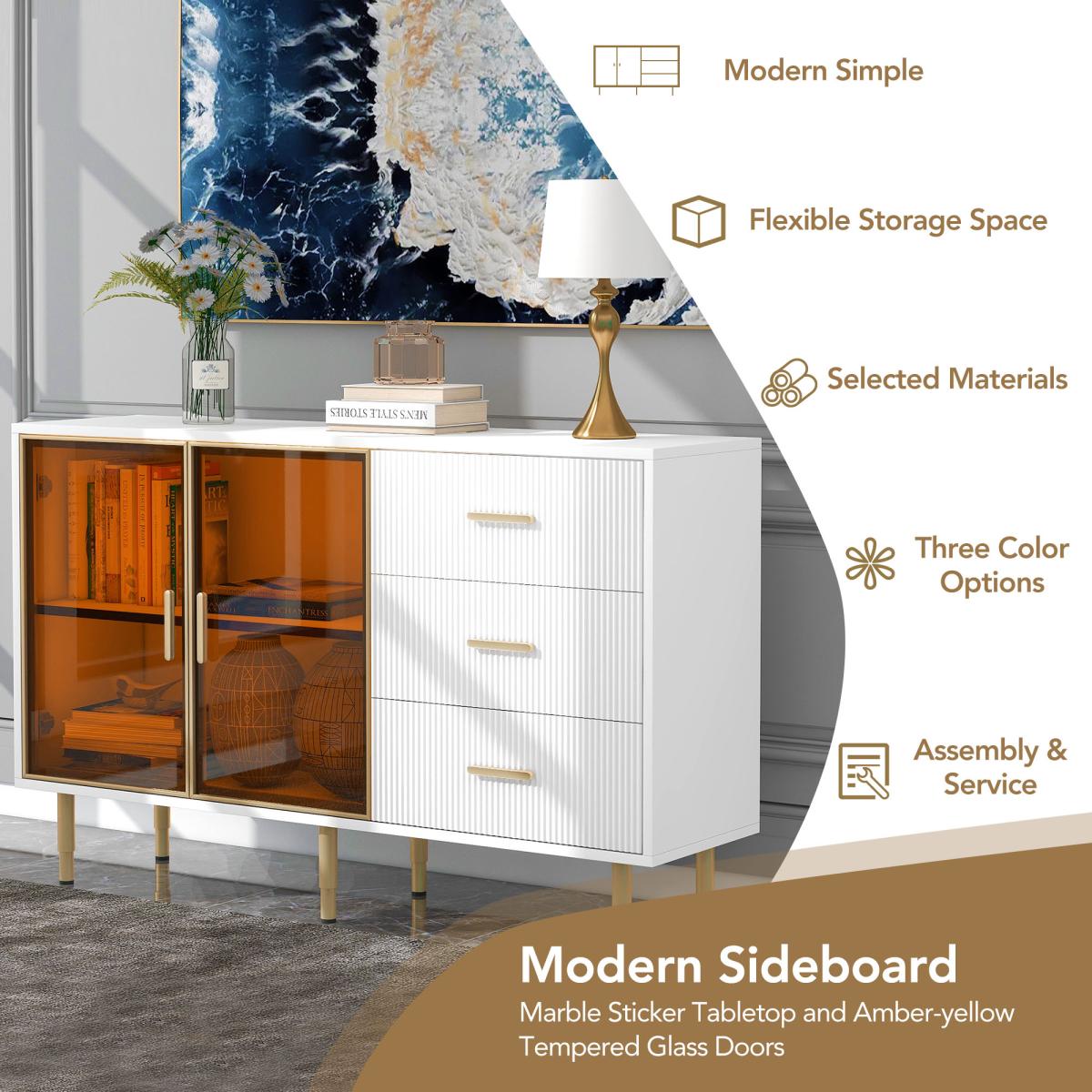 TREXM Modern Sideboard Mdf Buffet Cabinet Marble Sticker Tabletop and Amber-yellow Tempered Glass Doors with Gold Metal Legs & Handles (White)
