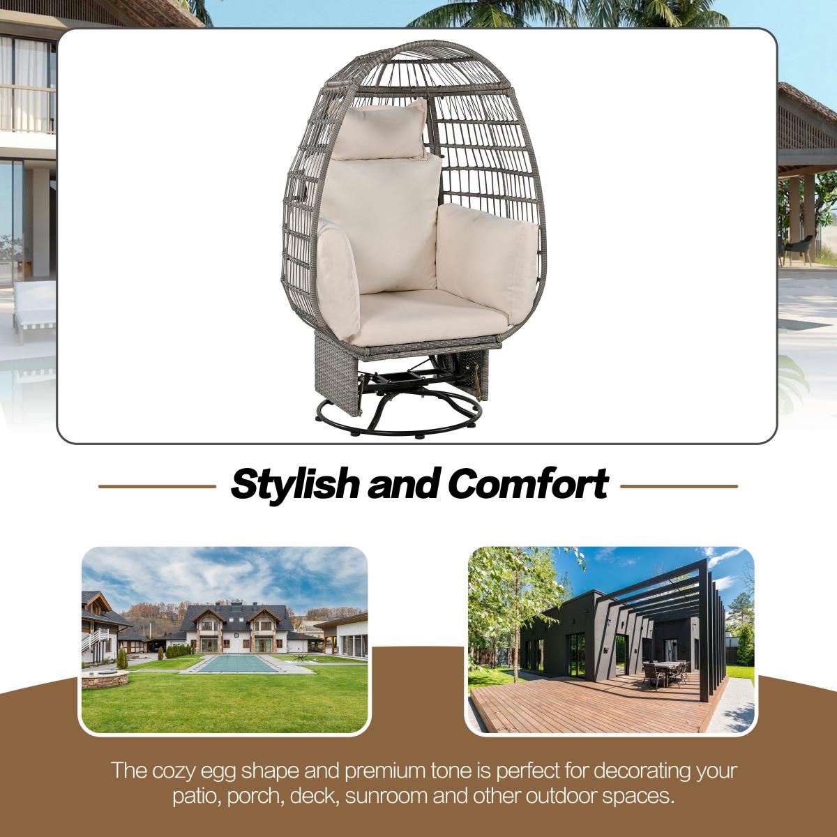 TREXM Outdoor Swivel Chair with Cushions, Rattan Egg Patio Chair with Rocking Function for Balcony, Poolside and Garden (Grey Wicker + Beige Cushion)