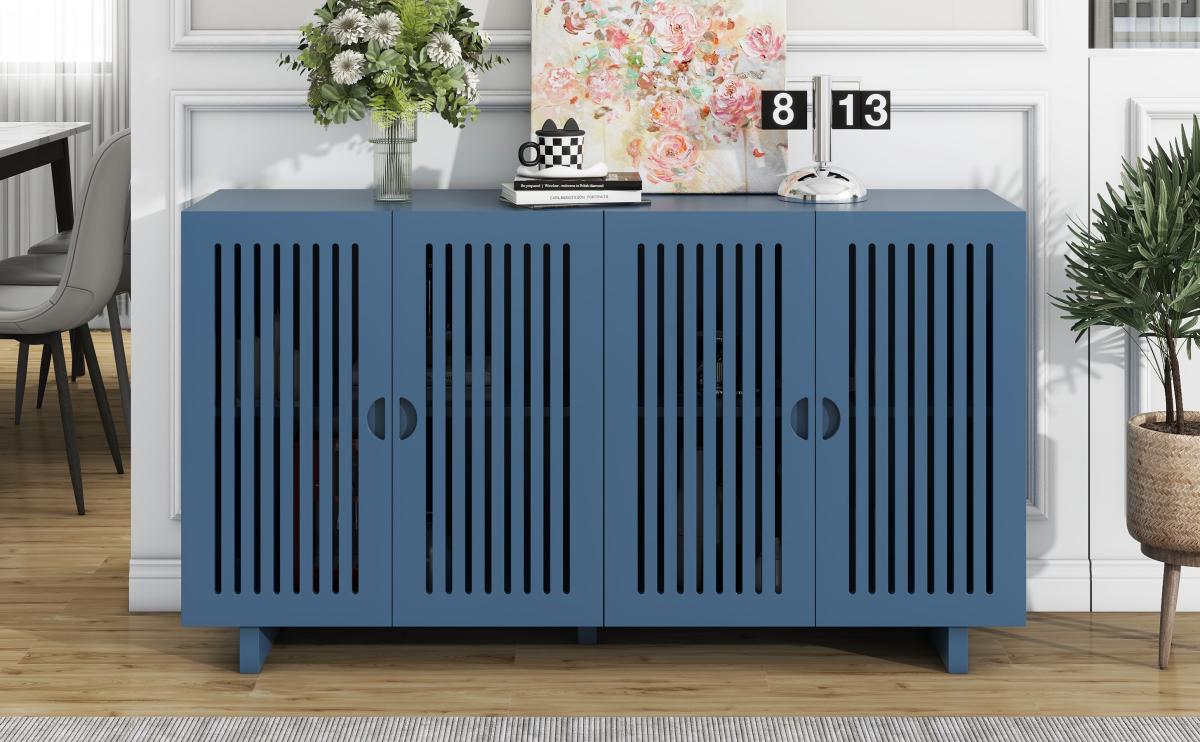 TREXM Modern Style Sideboard with Superior Storage Space, Hollow Door Design and 2 Adjustable Shelves for Living Room and Dining Room (Navy Blue)