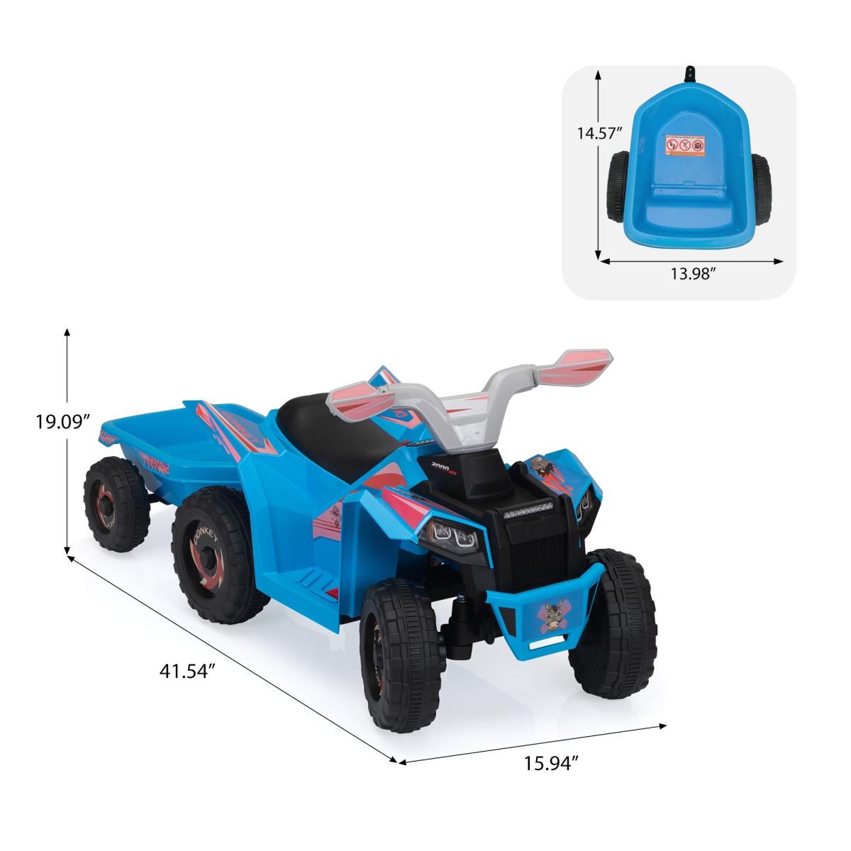 6V Kids Electric Atv, Toddler Ride on Car with Trailer, Music, Bluetooth and Power Display for Boys and Girls, Blue
