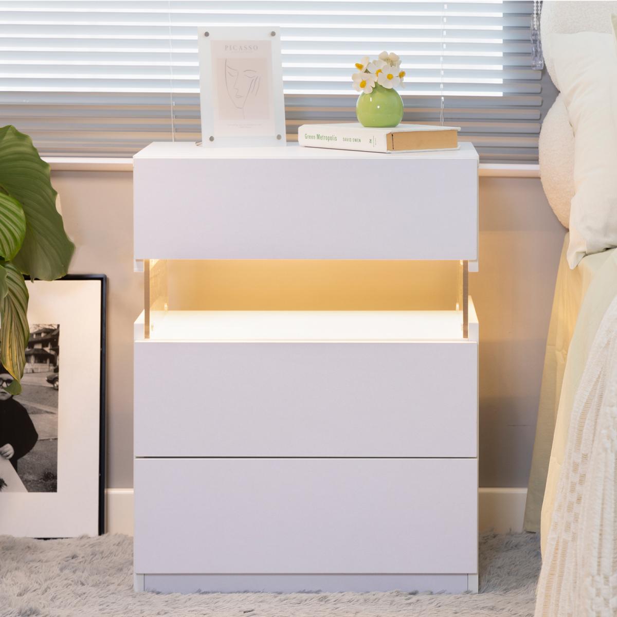 LED Nightstands 3 Drawer Dresser for Bedroom End Table with Acrylic Board Led Bedside Tables for Bedroom Living Room Bedside Furniture (White)